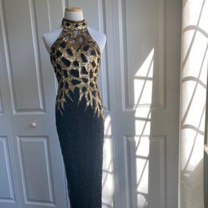 Vintage 80s High Neck Low Back Gown (Black/Gold)